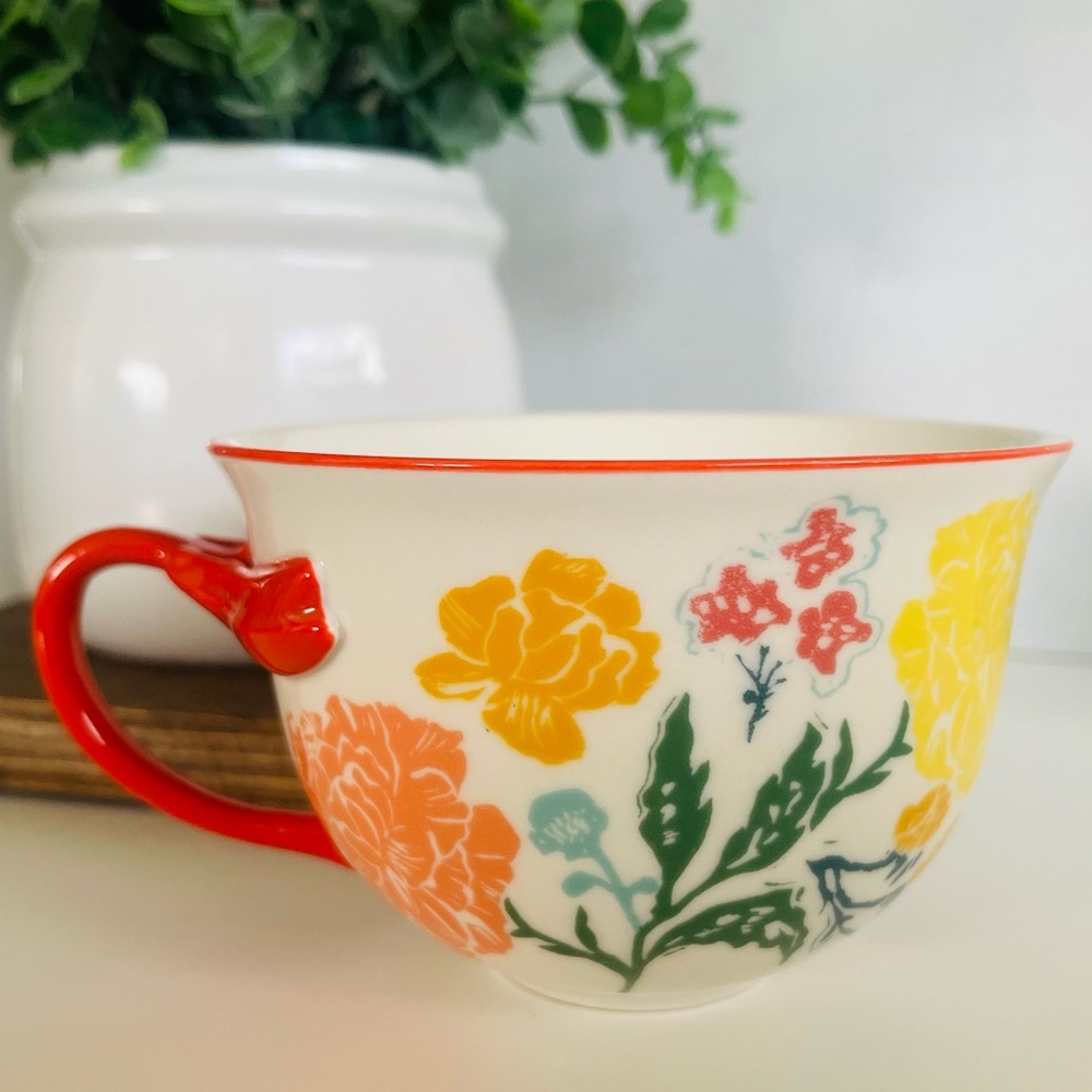 Anthropologie Dragonfly Foral Arboretum Mug Teacup w/ Coral Red, Yellow
